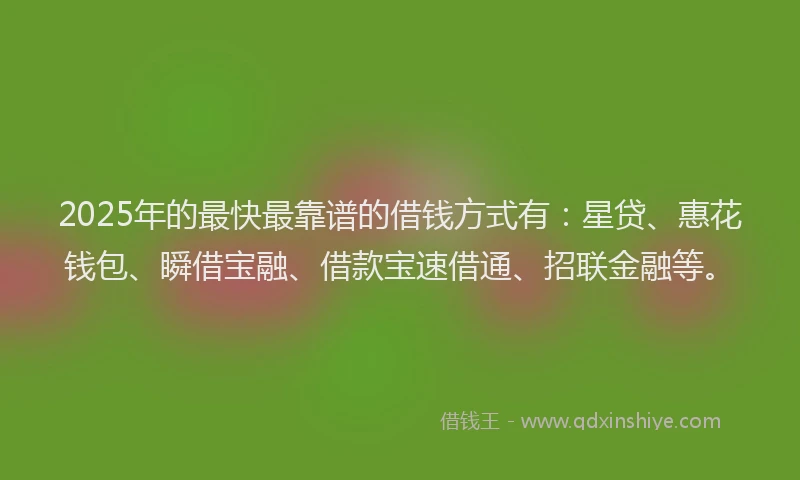 2025年的最快最靠谱的借钱方式有：星贷、惠花钱包、瞬借宝融、借款宝速借通、招联金融等。