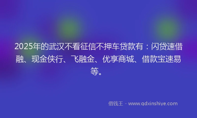 2025年的武汉不看征信不押车贷款有：闪贷速借融、现金侠行、飞融金、优享商城、借款宝速易等。
