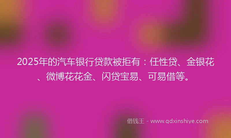2025年的汽车银行贷款被拒有：任性贷、金银花、微博花花金、闪贷宝易、可易借等。