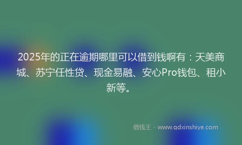 2025年的正在逾期哪里可以借到钱啊有：天美商城、苏宁任性贷、现金易融、安心Pro钱包、租小新等。