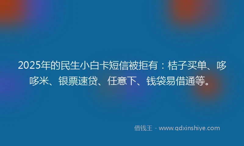 2025年的民生小白卡短信被拒有:桔子买单、哆哆米、银票速贷、任意下、钱袋易借通等。