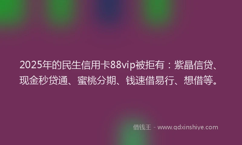 2025年的民生信用卡88vip被拒有：紫晶信贷、现金秒贷通、蜜桃分期、钱速借易行、想借等。