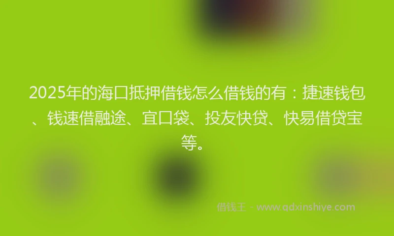 2025年的海口抵押借钱怎么借钱的有：捷速钱包、钱速借融途、宜口袋、投友快贷、快易借贷宝等。