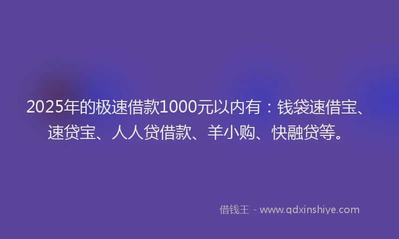 2025年的极速借款1000元以内有：钱袋速借宝、速贷宝、人人贷借款、羊小购、快融贷等。