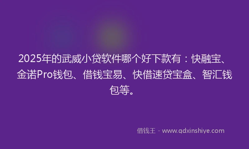 2025年的武威小贷软件哪个好下款有：快融宝、金诺Pro钱包、借钱宝易、快借速贷宝盒、智汇钱包等。