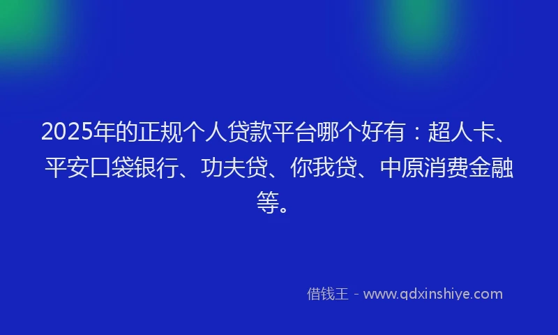 2025年的正规个人贷款平台哪个好有：超人卡、平安口袋银行、功夫贷、你我贷、中原消费金融等。