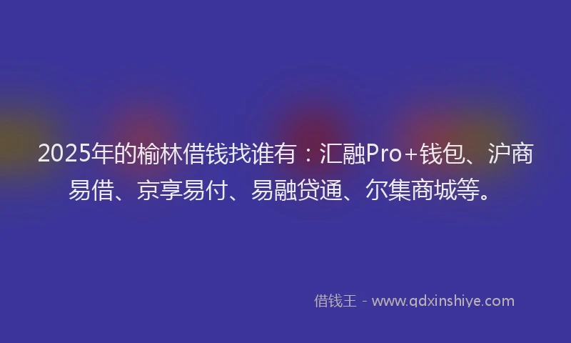 2025年的榆林借钱找谁有：汇融Pro+钱包、沪商易借、京享易付、易融贷通、尔集商城等。