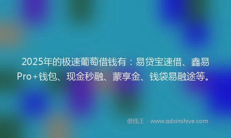 2025年的极速葡萄借钱有：易贷宝速借、鑫易Pro+钱包、现金秒融、蒙享金、钱袋易融途等。