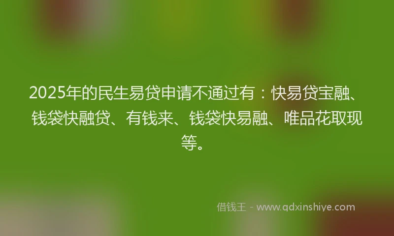 2025年的民生易贷申请不通过有：快易贷宝融、钱袋快融贷、有钱来、钱袋快易融、唯品花取现等。