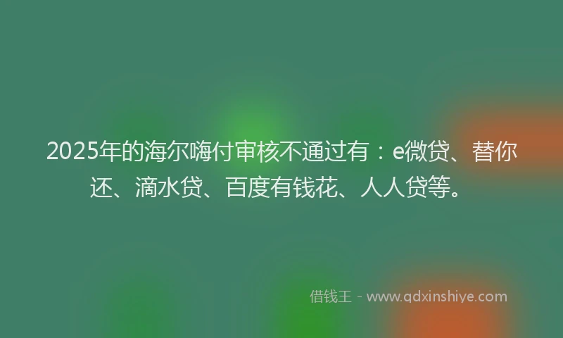 2025年的海尔嗨付审核不通过有：e微贷、替你还、滴水贷、百度有钱花、人人贷等。