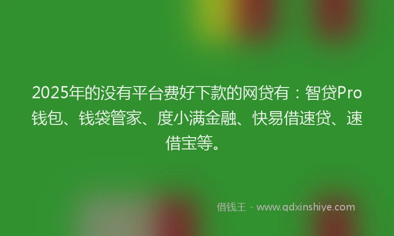 2025年的没有平台费好下款的网贷有：智贷Pro钱包、钱袋管家、度小满金融、快易借速贷、速借宝等。