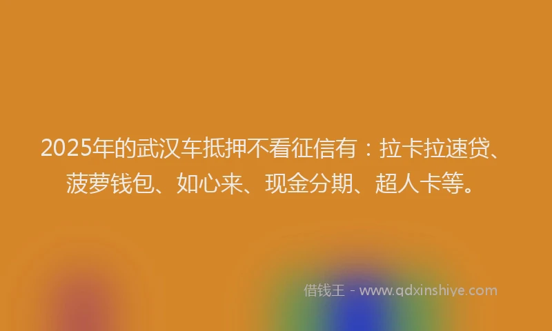 2025年的武汉车抵押不看征信有：拉卡拉速贷、菠萝钱包、如心来、现金分期、超人卡等。