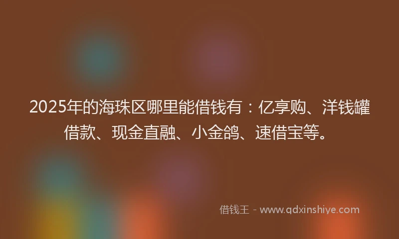 2025年的海珠区哪里能借钱有：亿享购、洋钱罐借款、现金直融、小金鸽、速借宝等。