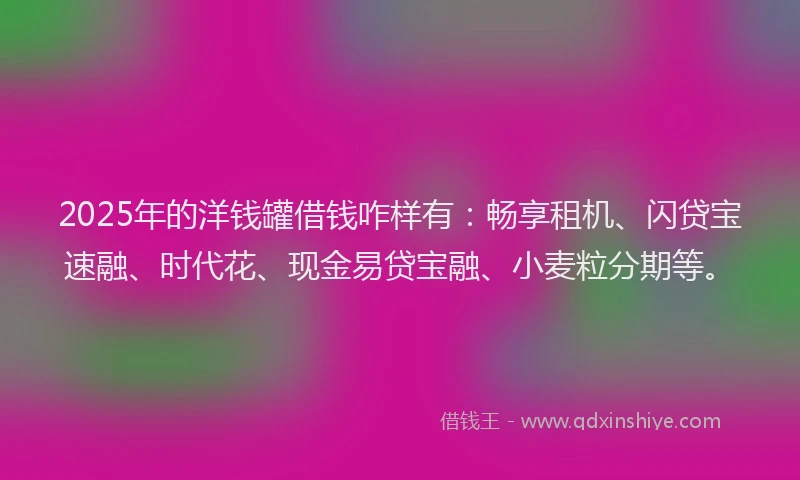 2025年的洋钱罐借钱咋样有：畅享租机、闪贷宝速融、时代花、现金易贷宝融、小麦粒分期等。