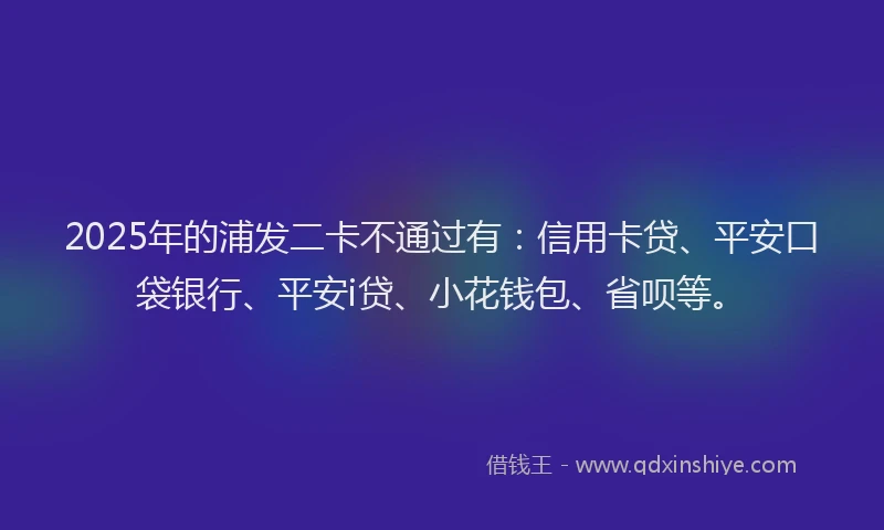 2025年的浦发二卡不通过有：信用卡贷、平安口袋银行、平安i贷、小花钱包、省呗等。
