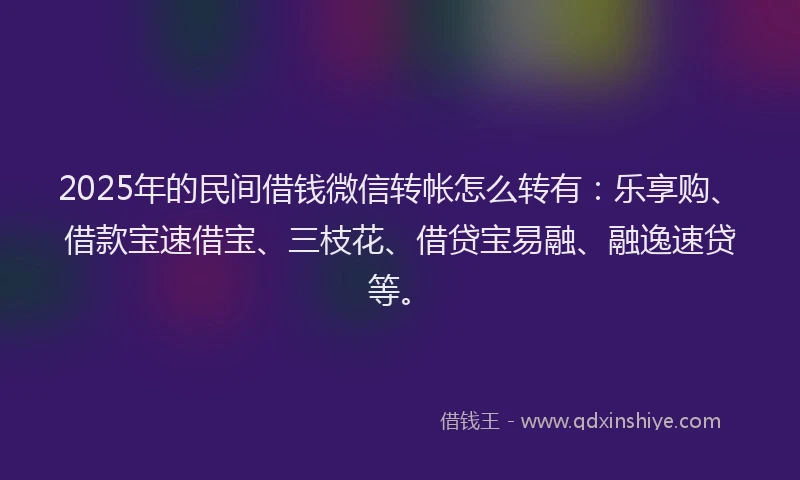 2025年的民间借钱微信转帐怎么转有：乐享购、借款宝速借宝、三枝花、借贷宝易融、融逸速贷等。