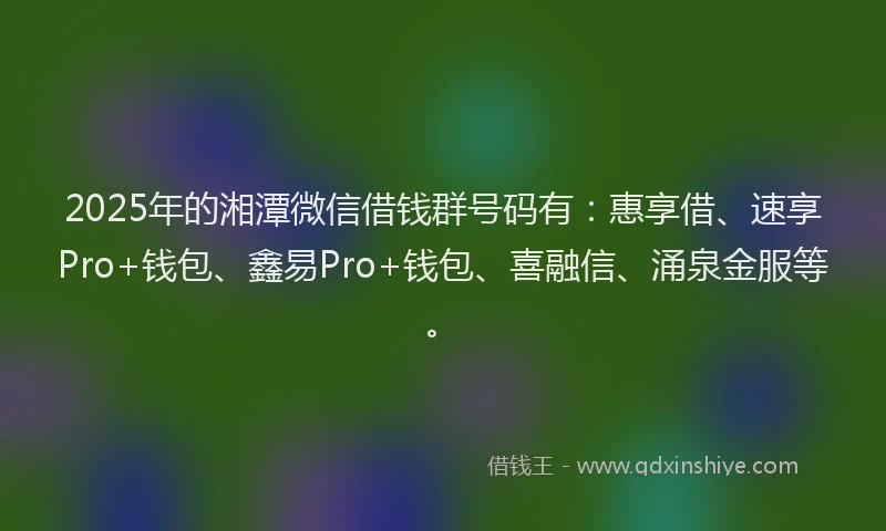 2025年的湘潭微信借钱群号码有：惠享借、速享Pro+钱包、鑫易Pro+钱包、喜融信、涌泉金服等。