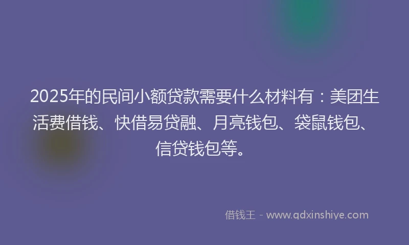 2025年的民间小额贷款需要什么材料有：美团生活费借钱、快借易贷融、月亮钱包、袋鼠钱包、信贷钱包等。