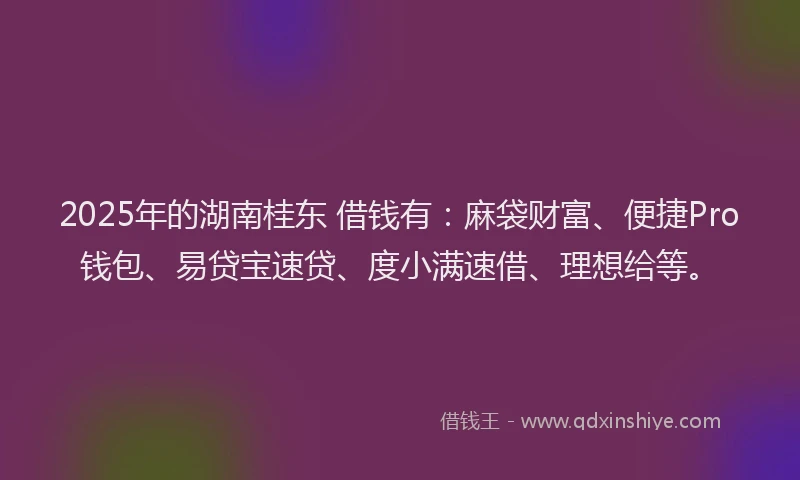 2025年的湖南桂东 借钱有：麻袋财富、便捷Pro钱包、易贷宝速贷、度小满速借、理想给等。
