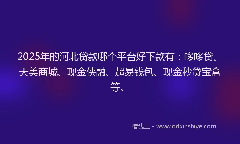 2025年的河北贷款哪个平台好下款有:哆哆贷、天美商城、现金侠融、超易钱包、现金秒贷宝盒等。