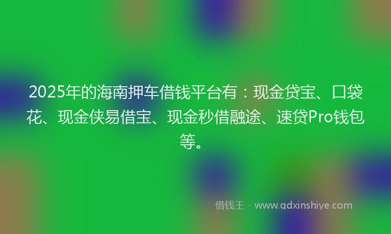 2025年的海南押车借钱平台有：现金贷宝、口袋花、现金侠易借宝、现金秒借融途、速贷Pro钱包等。