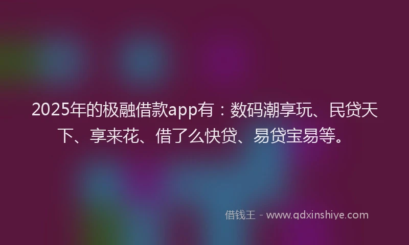 2025年的极融借款app有：数码潮享玩、民贷天下、享来花、借了么快贷、易贷宝易等。