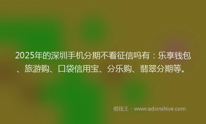 2025年的深圳手机分期不看征信吗有：乐享钱包、旅游购、口袋信用宝、分乐购、翡翠分期等。