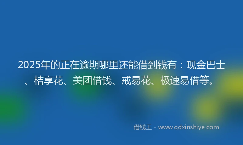 2025年的正在逾期哪里还能借到钱有：现金巴士、桔享花、美团借钱、戒易花、极速易借等。