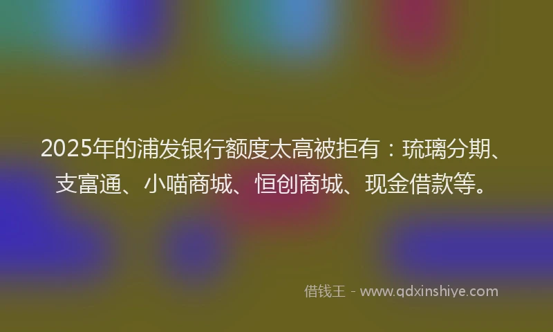 2025年的浦发银行额度太高被拒有：琉璃分期、支富通、小喵商城、恒创商城、现金借款等。