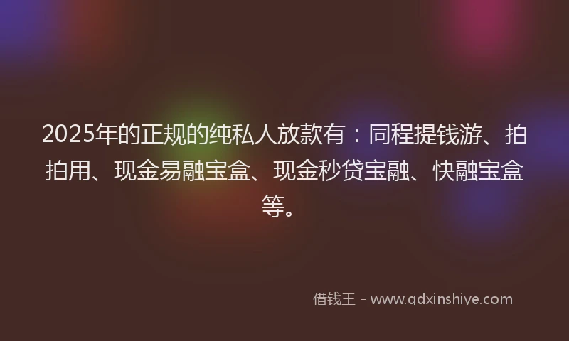 2025年的正规的纯私人放款有：同程提钱游、拍拍用、现金易融宝盒、现金秒贷宝融、快融宝盒等。
