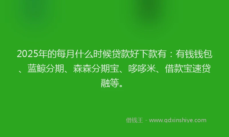 2025年的每月什么时候贷款好下款有：有钱钱包、蓝鲸分期、森森分期宝、哆哆米、借款宝速贷融等。