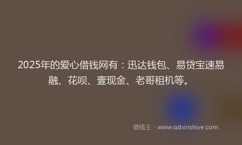 2025年的爱心借钱网有：迅达钱包、易贷宝速易融、花呗、壹现金、老哥租机等。