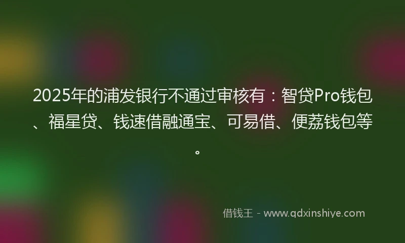 2025年的浦发银行不通过审核有：智贷Pro钱包、福星贷、钱速借融通宝、可易借、便荔钱包等。