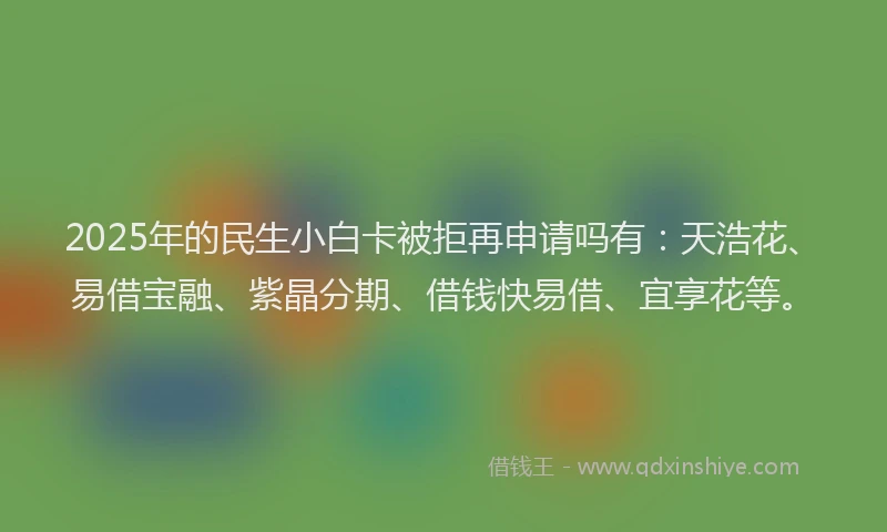 2025年的民生小白卡被拒再申请吗有：天浩花、易借宝融、紫晶分期、借钱快易借、宜享花等。