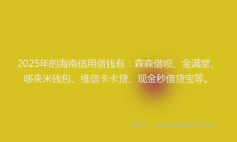 2025年的海南信用借钱有：森森借呗、金满堂、哆来米钱包、维信卡卡贷、现金秒借贷宝等。
