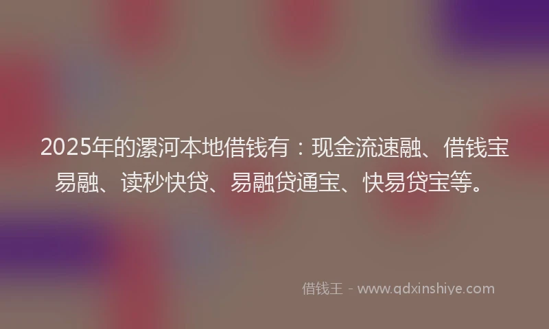 2025年的漯河本地借钱有：现金流速融、借钱宝易融、读秒快贷、易融贷通宝、快易贷宝等。