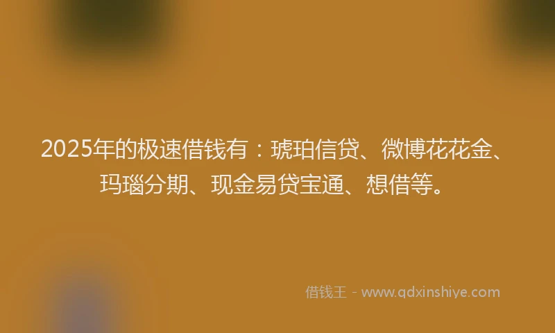 2025年的极速借钱有：琥珀信贷、微博花花金、玛瑙分期、现金易贷宝通、想借等。