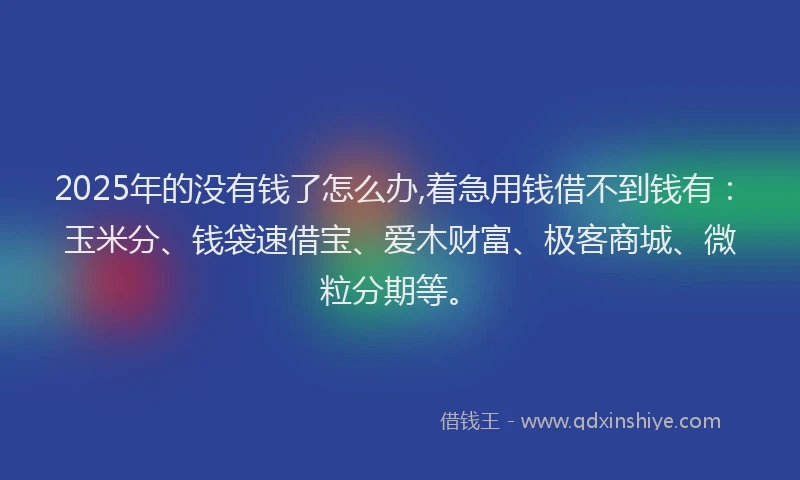 2025年的没有钱了怎么办,着急用钱借不到钱有：玉米分、钱袋速借宝、爱木财富、极客商城、微粒分期等。