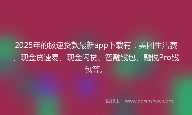 2025年的极速贷款最新app下载有：美团生活费、现金贷速易、现金闪贷、智融钱包、融悦Pro钱包等。