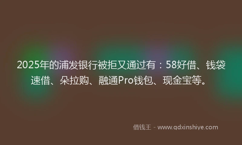 2025年的浦发银行被拒又通过有：58好借、钱袋速借、朵拉购、融通Pro钱包、现金宝等。