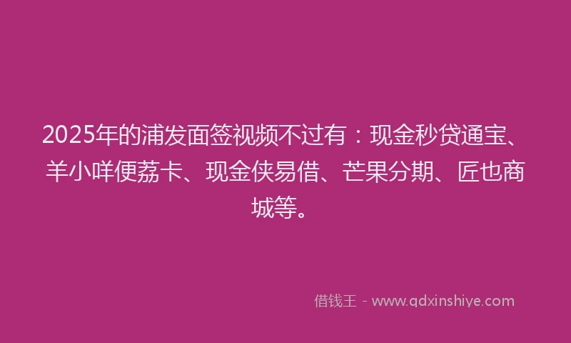 2025年的浦发面签视频不过有：现金秒贷通宝、羊小咩便荔卡、现金侠易借、芒果分期、匠也商城等。