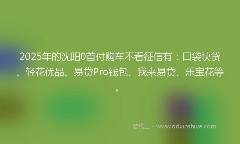 2025年的沈阳0首付购车不看征信有：口袋快贷、轻花优品、易贷Pro钱包、我来易贷、乐宝花等。