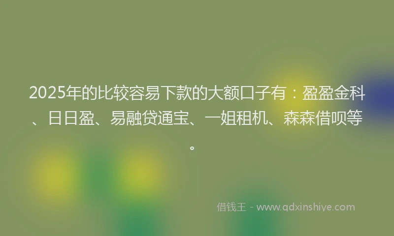2025年的比较容易下款的大额口子有：盈盈金科、日日盈、易融贷通宝、一姐租机、森森借呗等。