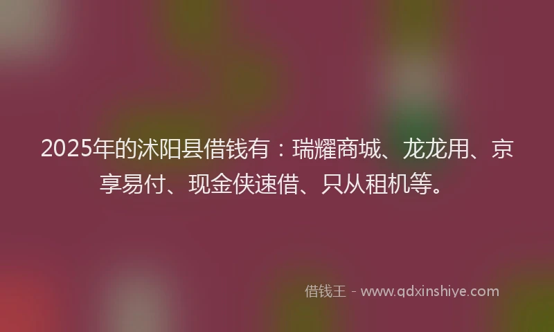 2025年的沭阳县借钱有：瑞耀商城、龙龙用、京享易付、现金侠速借、只从租机等。