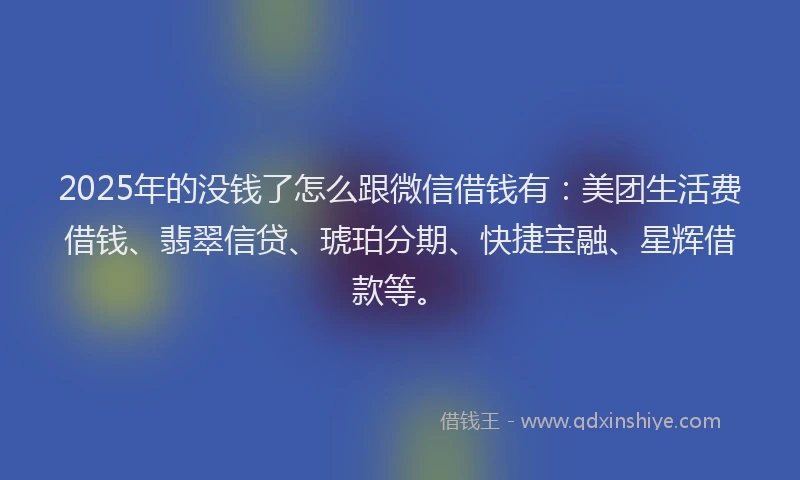 2025年的没钱了怎么跟微信借钱有：美团生活费借钱、翡翠信贷、琥珀分期、快捷宝融、星辉借款等。