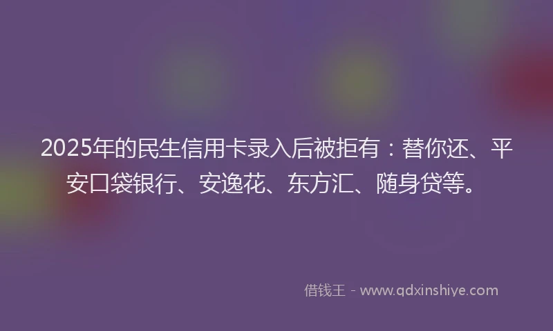 2025年的民生信用卡录入后被拒有：替你还、平安口袋银行、安逸花、东方汇、随身贷等。