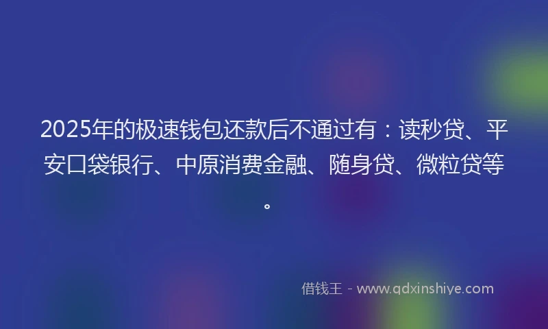 2025年的极速钱包还款后不通过有：读秒贷、平安口袋银行、中原消费金融、随身贷、微粒贷等。
