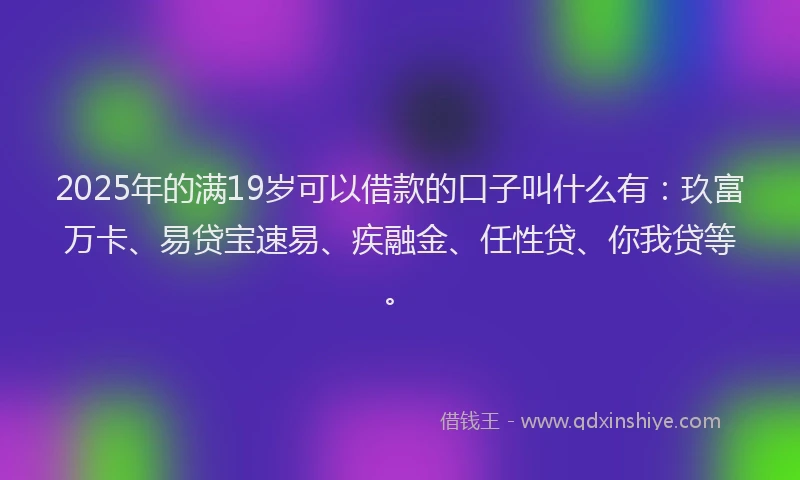 2025年的满19岁可以借款的口子叫什么有：玖富万卡、易贷宝速易、疾融金、任性贷、你我贷等。