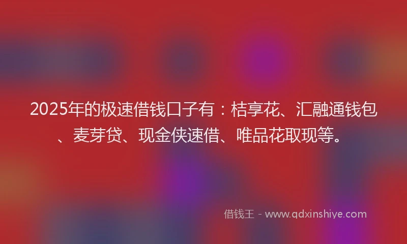 2025年的极速借钱口子有：桔享花、汇融通钱包、麦芽贷、现金侠速借、唯品花取现等。