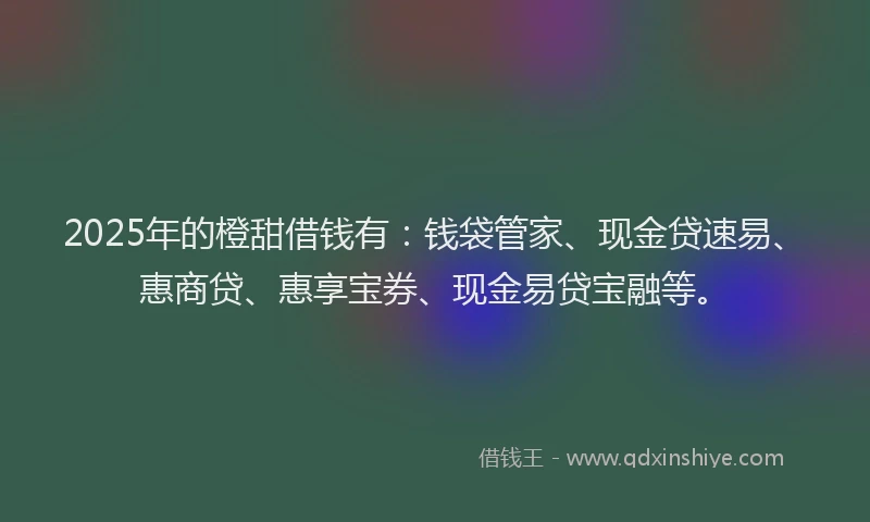 2025年的橙甜借钱有：钱袋管家、现金贷速易、惠商贷、惠享宝券、现金易贷宝融等。